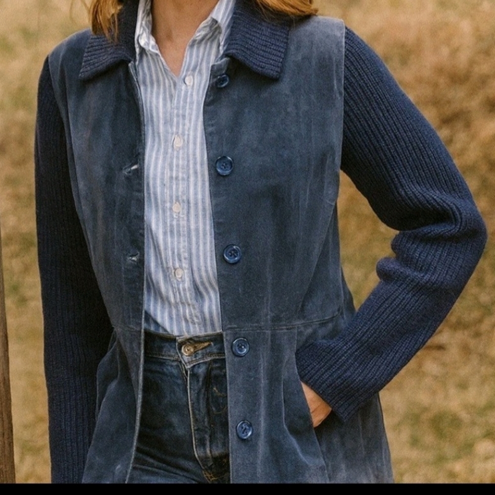 Vintage Terry Lewis Classic Shirt Jacket Womens M Suede Leather & Wool Y2K Blue - Picture 1 of 8